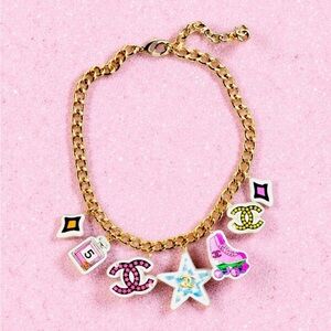 CHANEL Gold Chain Charm Necklace with Pink, White, Yellow & Black Enamel Charms